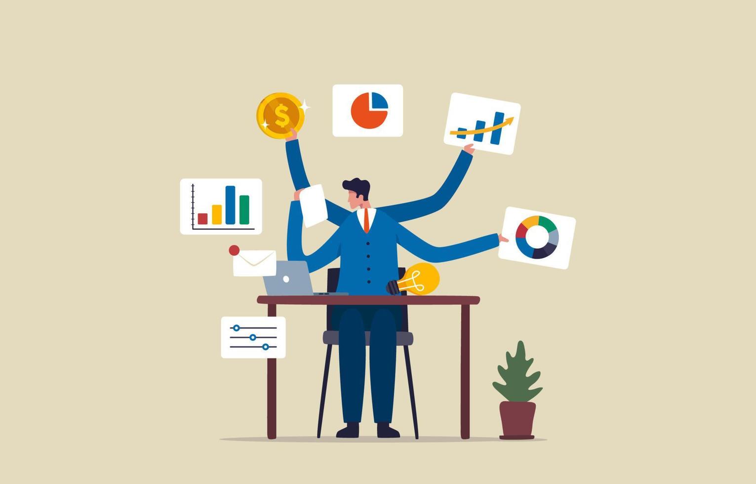 Multitasking with Multiple Arms. self development. productivity and project management skill.  Office workers perform a variety of tasks. Illustration vector