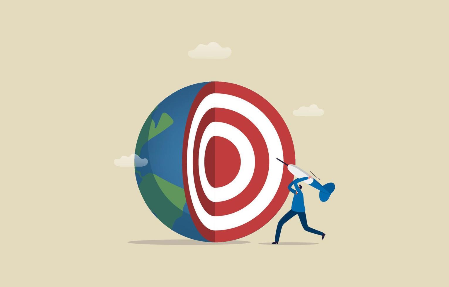 Focus on global business goals. Expand business opportunities. Businessman leader holding bullseye target darts to win in business global strategy. vector