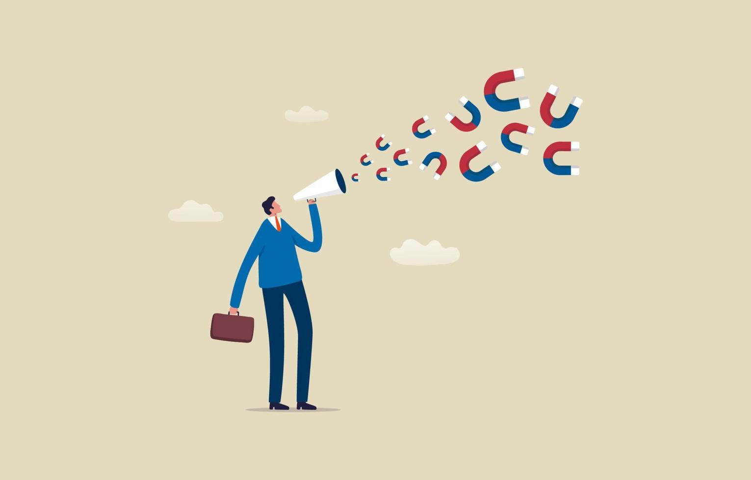 Magnet Marketing Strategy. Powerful way to brand company and promote products. Businessman holding a megaphone releasing magnetic power attracting marketing efficiency. Illustration vector