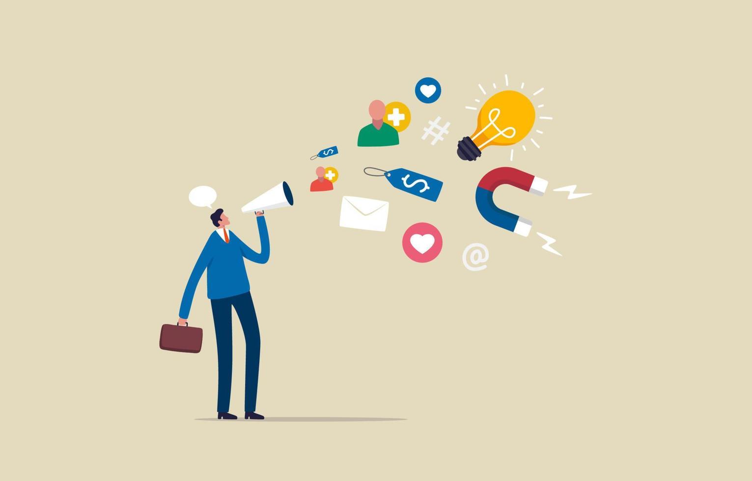 Effective communication for Business. Promote marketing campaigns. Businessman marketer using megaphone for promotion or public relations. Illustration vector
