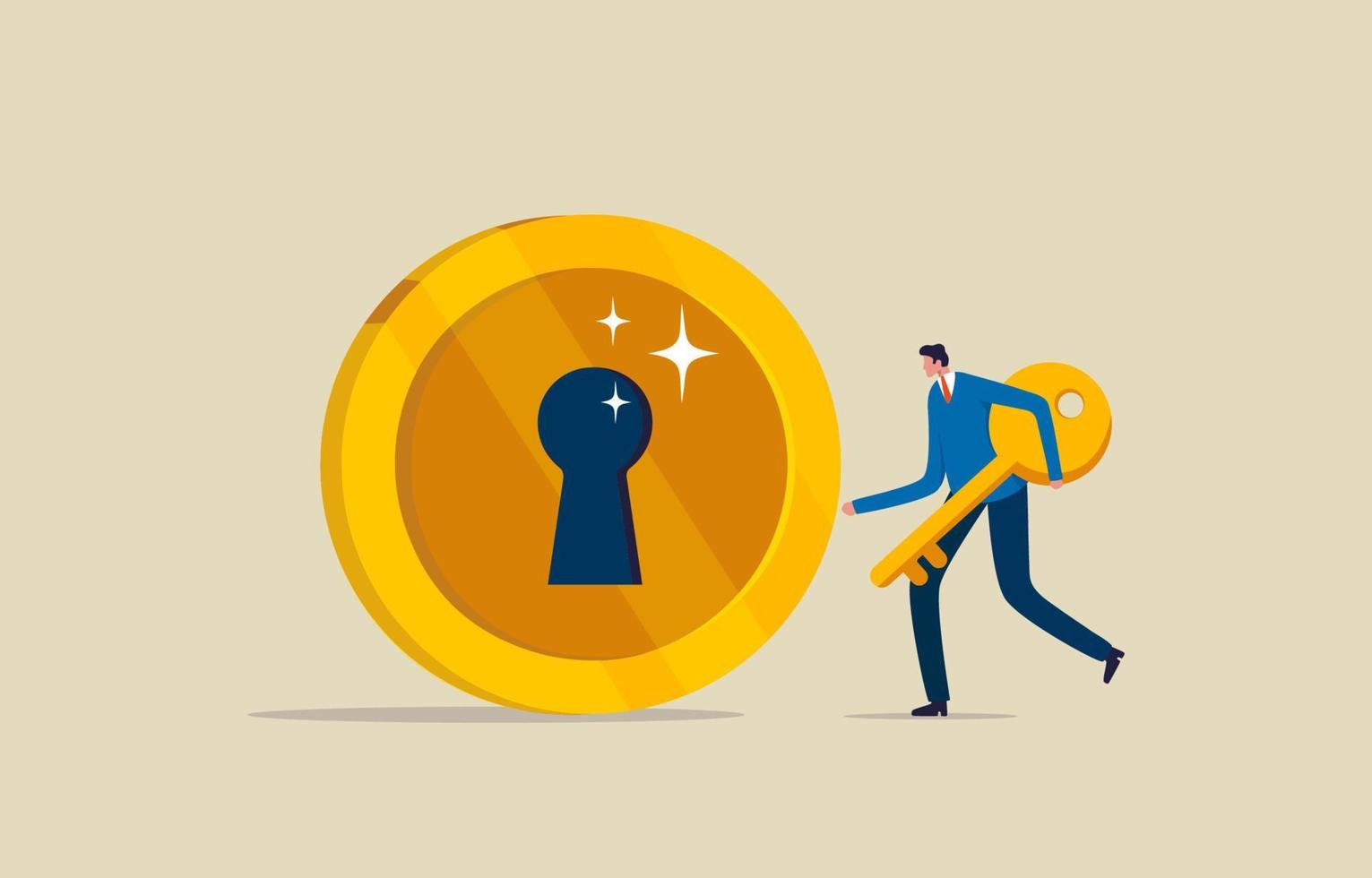 The key to investing or financial wealth. Key success for money. Open to investment opportunities. Businessman investor holding golden key to unlock coin keyhole. Illustration vector