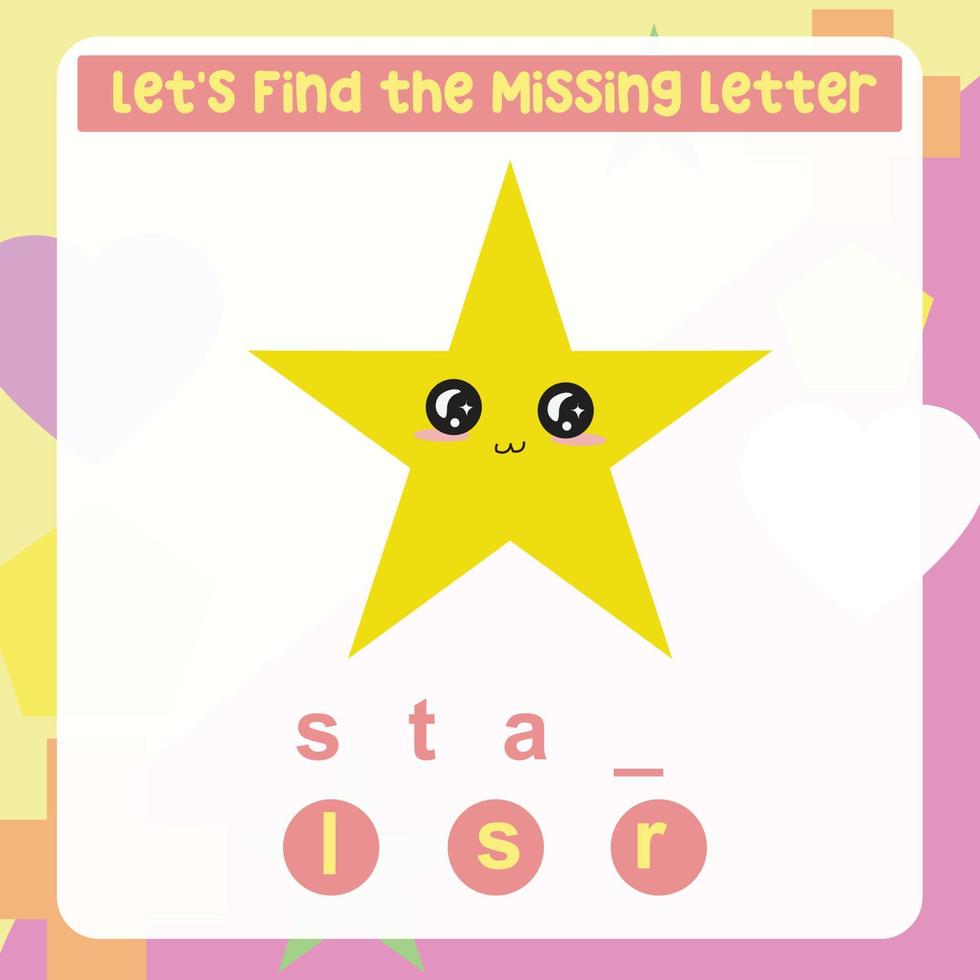Missing letter worksheet. Complete the letters for shape name in English. Kids educational game. Printable worksheet for preschool. Writing practice. Vector file.