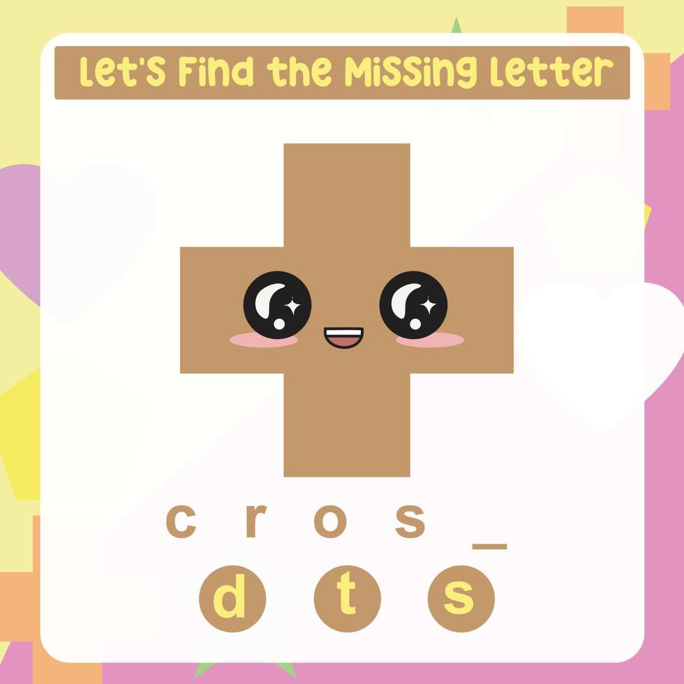Missing letter worksheet. Complete the letters for shape name in English. Kids educational game. Printable worksheet for preschool. Writing practice. Vector file.