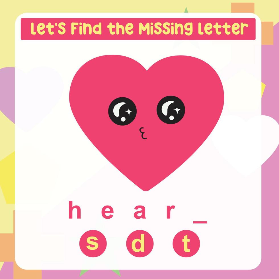 Missing letter worksheet. Complete the letters for shape name in English. Kids educational game. Printable worksheet for preschool. Writing practice. Vector file.