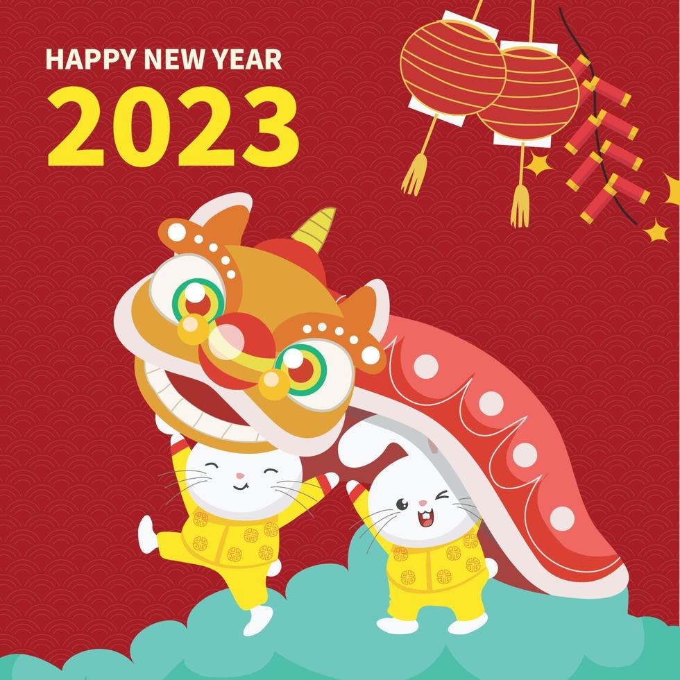 Flat Chinese New Year 2023. Happy Lunar year. Year of water rabbit. New Year greeting card. Vector backgrounds.