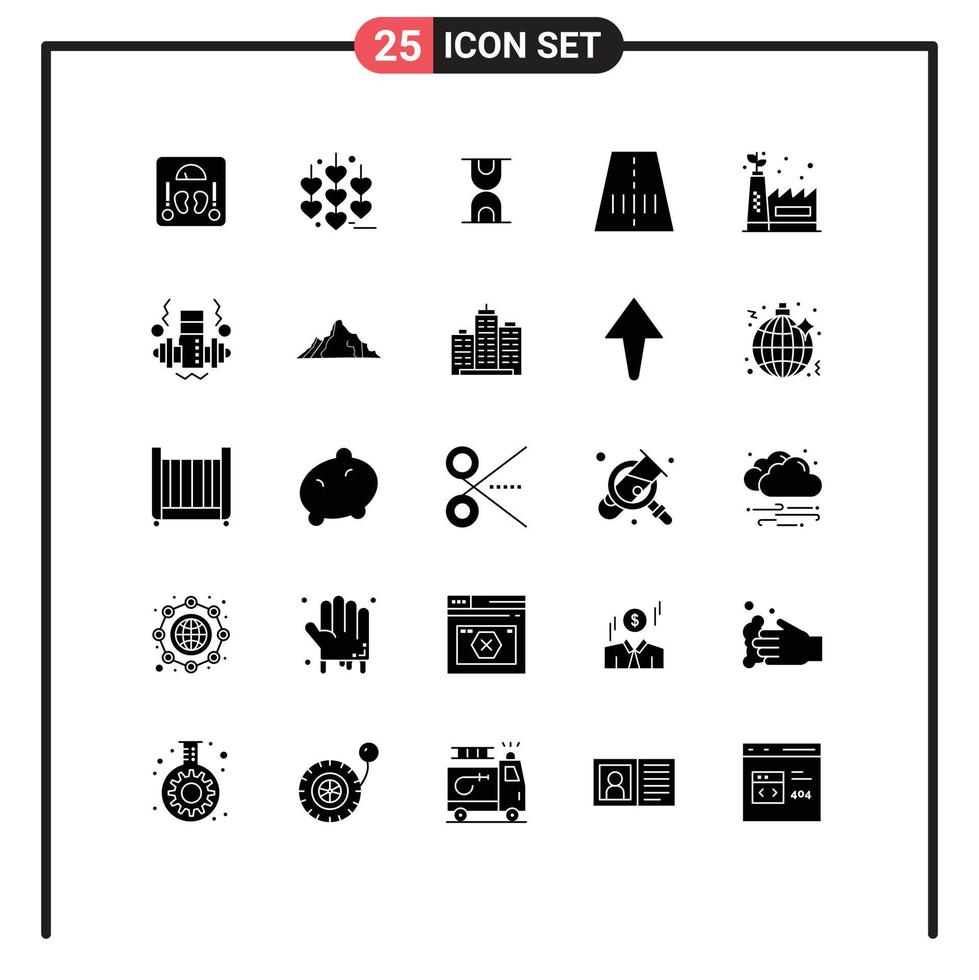Mobile Interface Solid Glyph Set of 25 Pictograms of gym green factory hour ecology factory transport Editable Vector Design Elements
