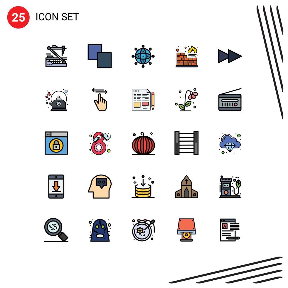Group of 25 Modern Filled line Flat Colors Set for next protection business firewall worldwide Editable Vector Design Elements