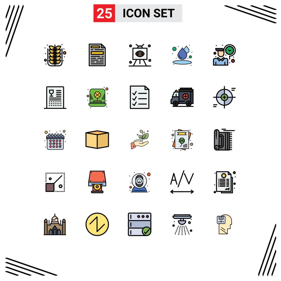 grupo de 25 signos y símbolos de colores planos de línea rellena para elementos de diseño de vectores editables de televisión húmeda de fútbol acuático de rutina