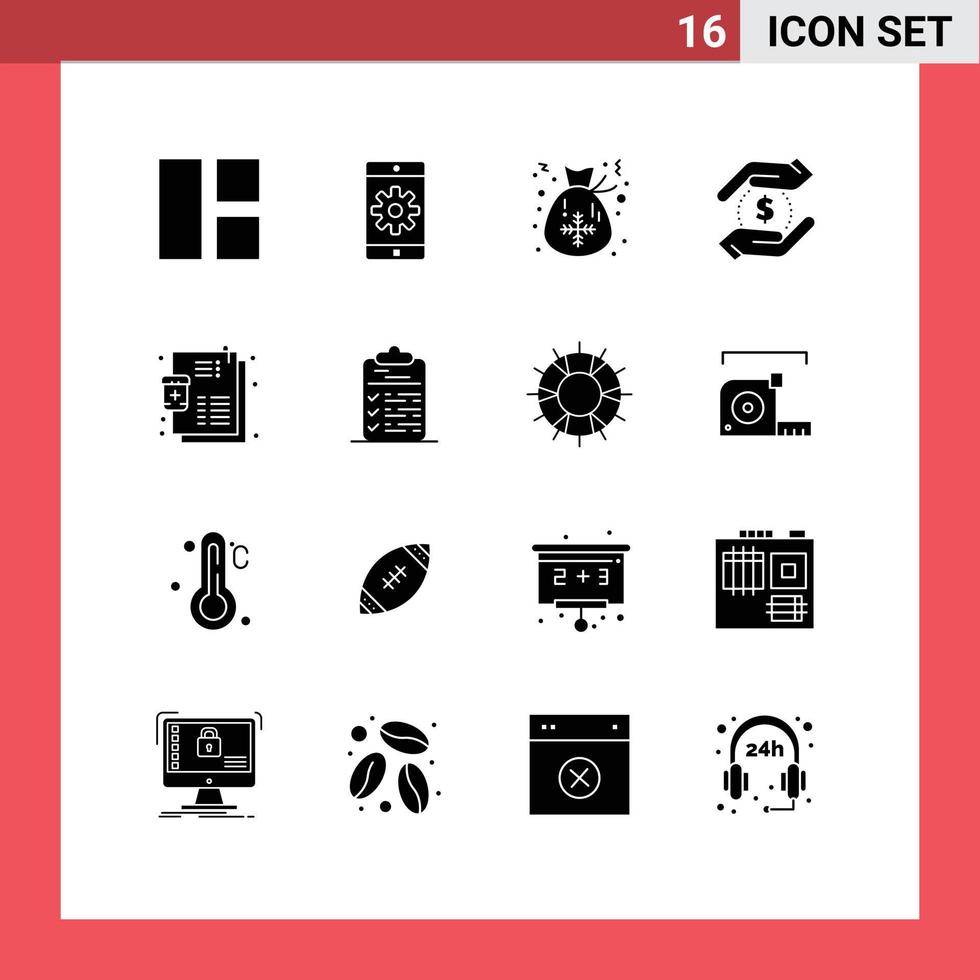 User Interface Pack of 16 Basic Solid Glyphs of list money bag hand currency Editable Vector Design Elements