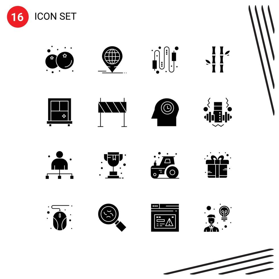 Solid Glyph Pack of 16 Universal Symbols of natural green audio forest electric Editable Vector Design Elements