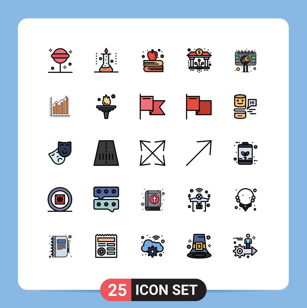 Pack of 25 creative Filled line Flat Colors of advertisement digital science lab blockchain bank Editable Vector Design Elements