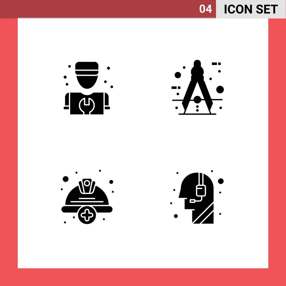 Pictogram Set of 4 Simple Solid Glyphs of man add repair compass hard Editable Vector Design Elements