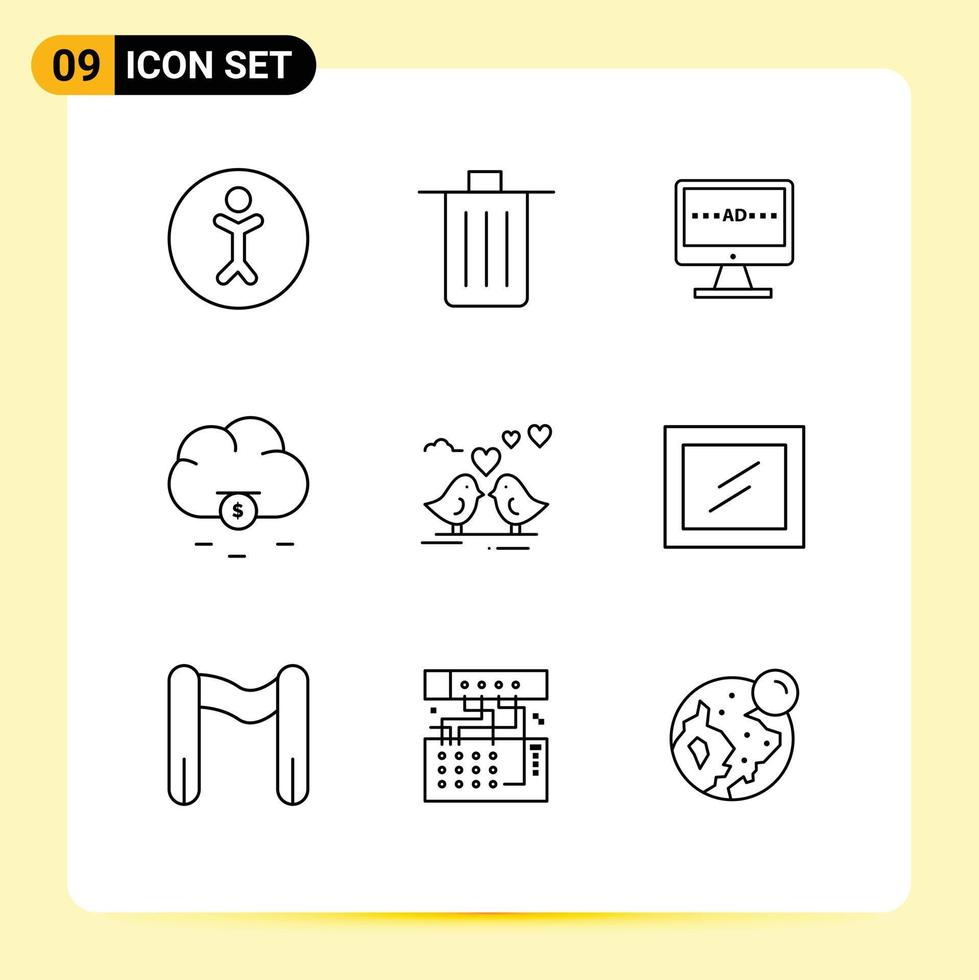 Mobile Interface Outline Set of 9 Pictograms of love money tv funding lcd Editable Vector Design Elements