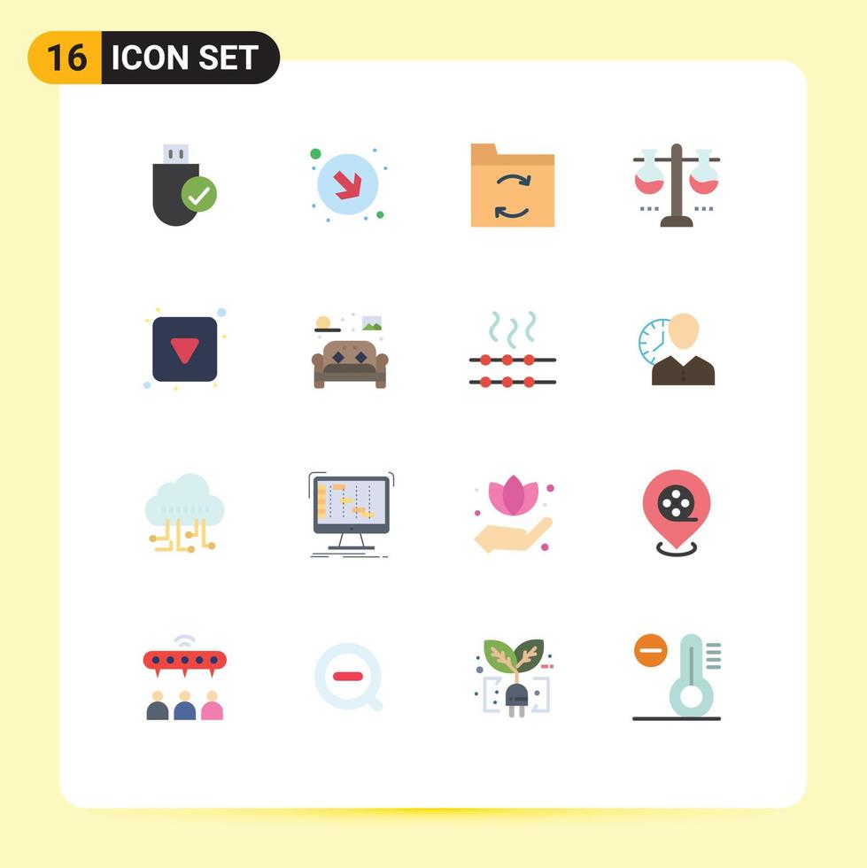 paquete de 16 signos y símbolos de colores planos modernos para medios de impresión web como el tubo de prueba de flecha matraz de prueba de respaldo paquete editable de elementos creativos de diseño de vectores