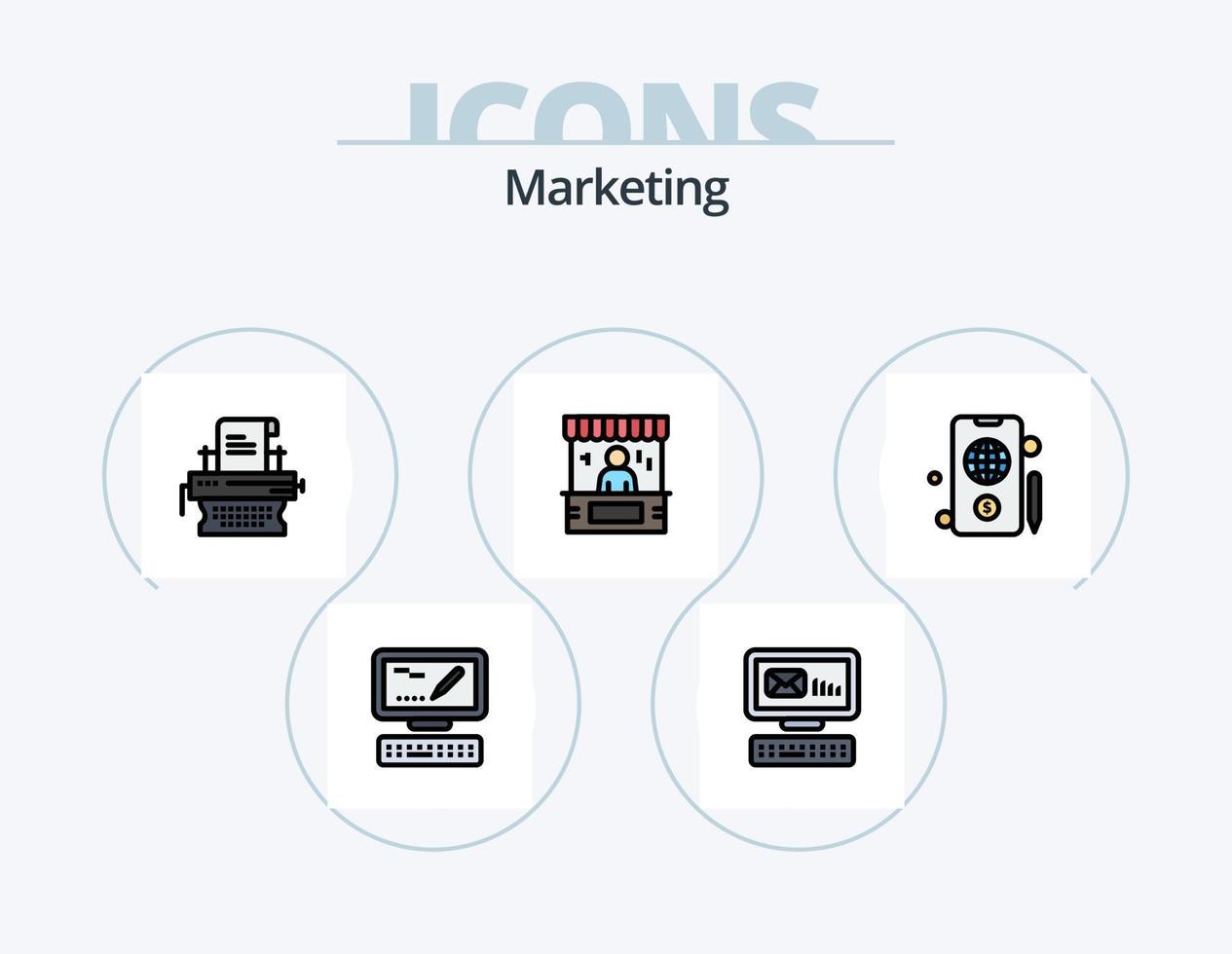 paquete de iconos lleno de línea de marketing 5 diseño de iconos. Ventas. marketing. imprimir. mano. señal vector