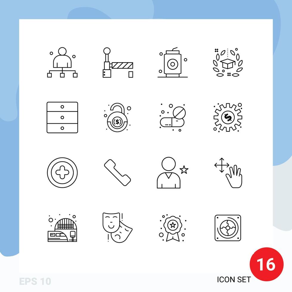 Group of 16 Outlines Signs and Symbols for furniture graduation beer hat degree Editable Vector Design Elements