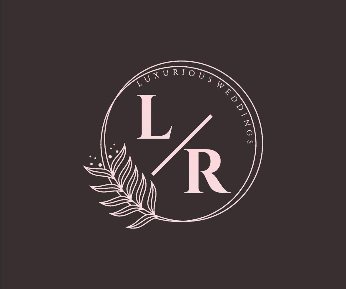 Plantilla de logotipos de monograma de boda con letras iniciales lr, plantillas florales y minimalistas modernas dibujadas a mano para tarjetas de invitación, guardar la fecha, identidad elegante. vector