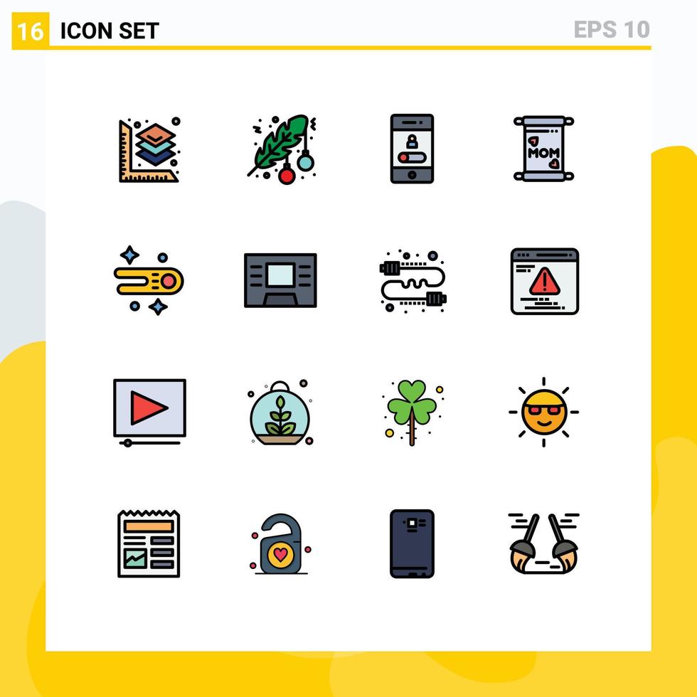 Mobile Interface Flat Color Filled Line Set of 16 Pictograms of comet mother calling mom telephone Editable Creative Vector Design Elements