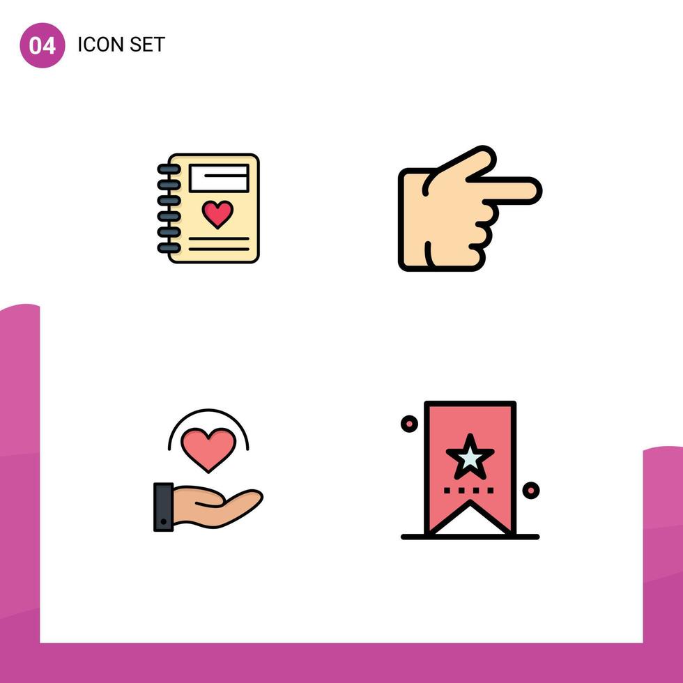 Pictogram Set of 4 Simple Filledline Flat Colors of notebook heart wedding right book Editable Vector Design Elements