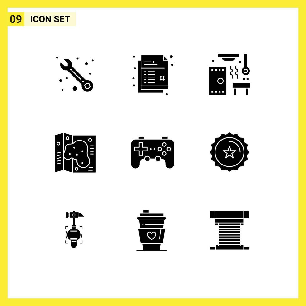 9 Thematic Vector Solid Glyphs and Editable Symbols of game controller relax garden location Editable Vector Design Elements