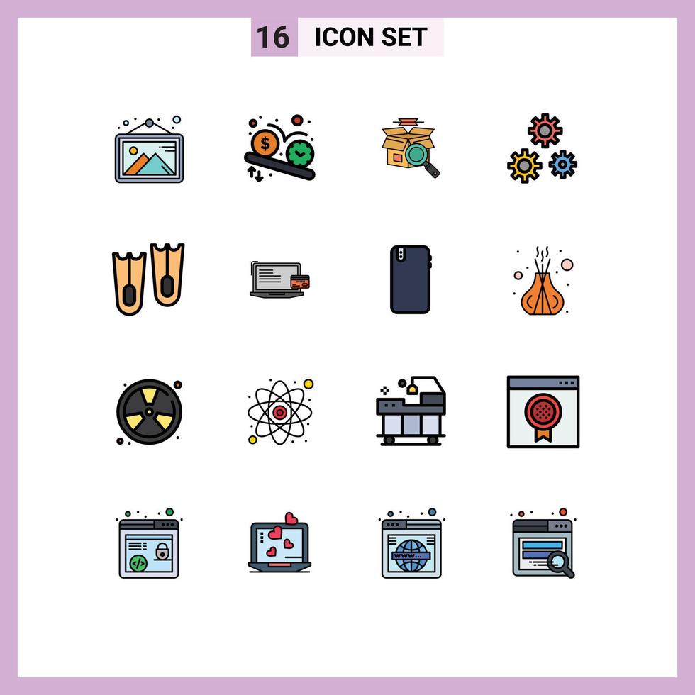 16 Thematic Vector Flat Color Filled Lines and Editable Symbols of diving preferences watch gears e shopping Editable Creative Vector Design Elements