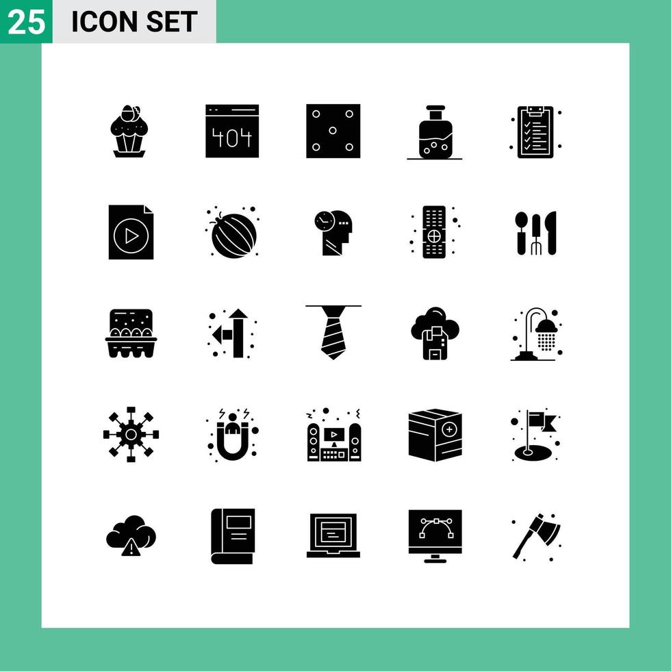 Group of 25 Modern Solid Glyphs Set for checklist science user test sport Editable Vector Design Elements