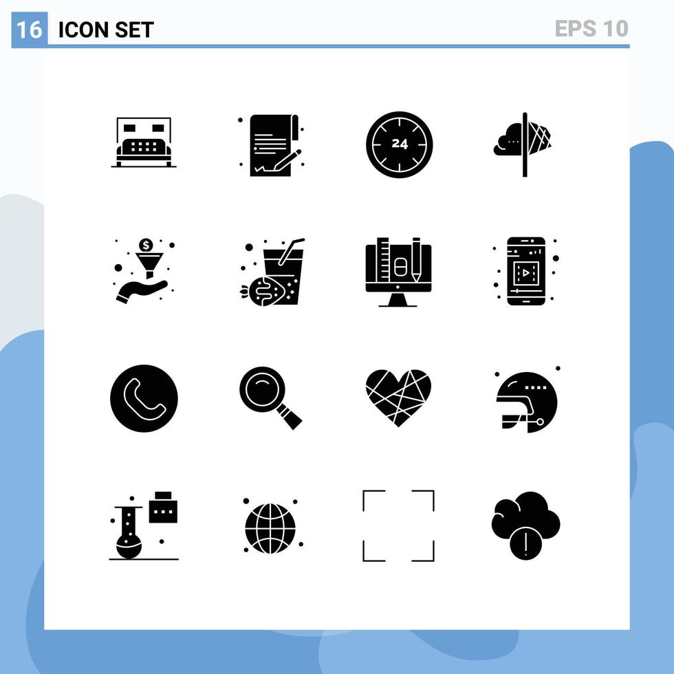 Modern Set of 16 Solid Glyphs Pictograph of filter insight commerce imagination creativity Editable Vector Design Elements