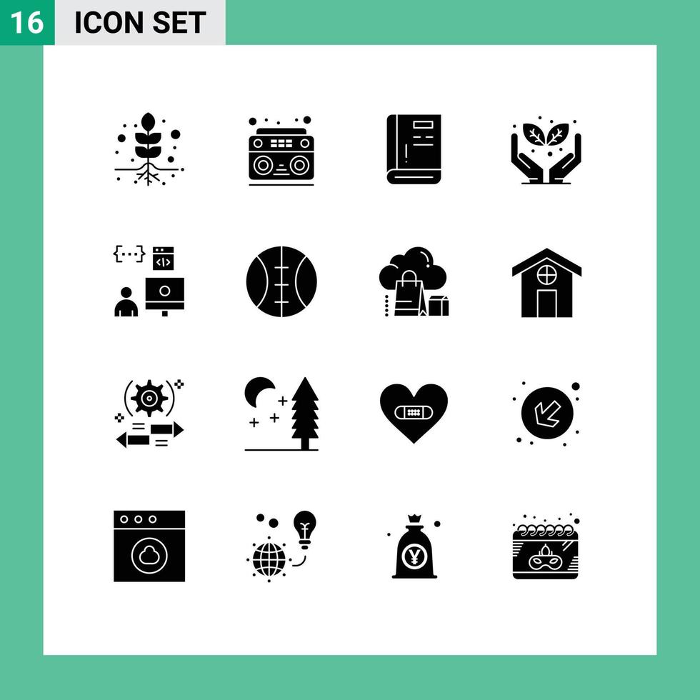 User Interface Pack of 16 Basic Solid Glyphs of develop app contact save the world green Editable Vector Design Elements