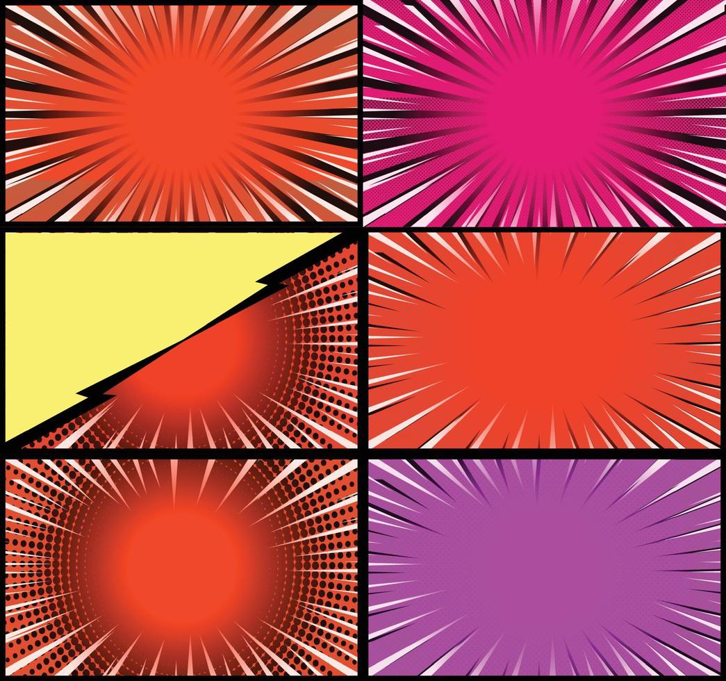 Comic book colorful frames background with halftone rays radial and dotted effects pop art style vector