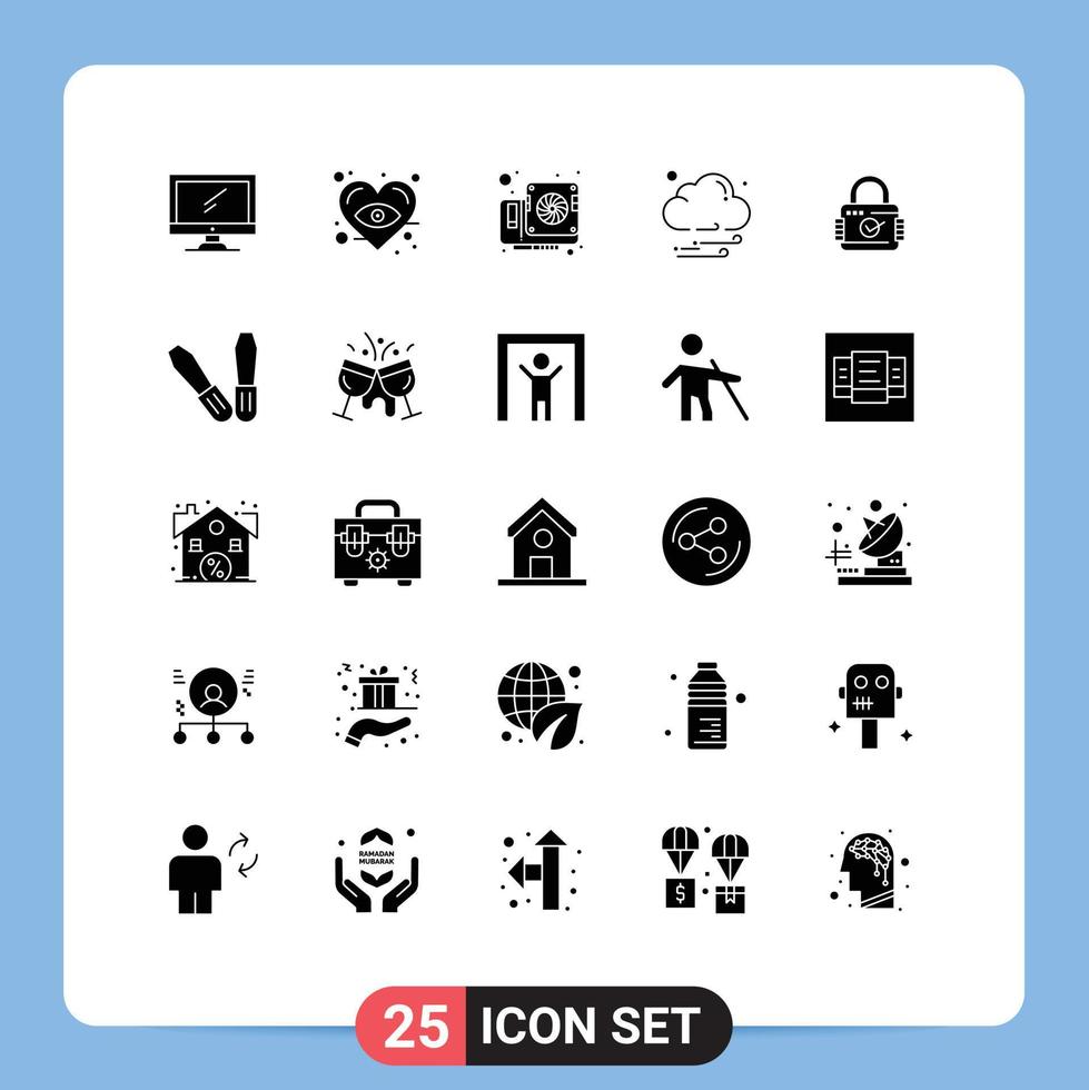 Solid Glyph Pack of 25 Universal Symbols of security lock card weather cloud Editable Vector Design Elements