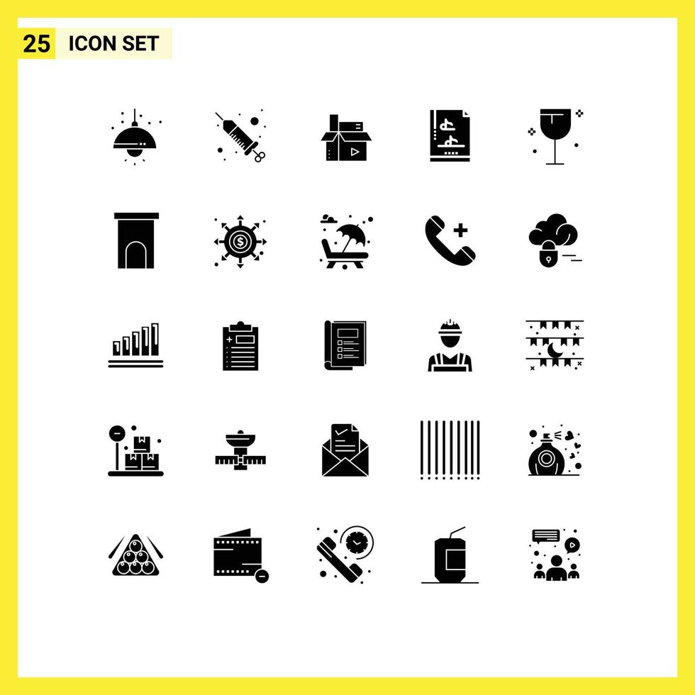 Modern Set of 25 Solid Glyphs and symbols such as food multimedia content music publishing Editable Vector Design Elements