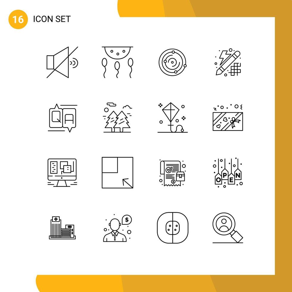 paquete de 16 signos y símbolos de contornos modernos para medios impresos web, como comentarios, pensamiento, spase, innovación, elementos de diseño de vectores editables creativos