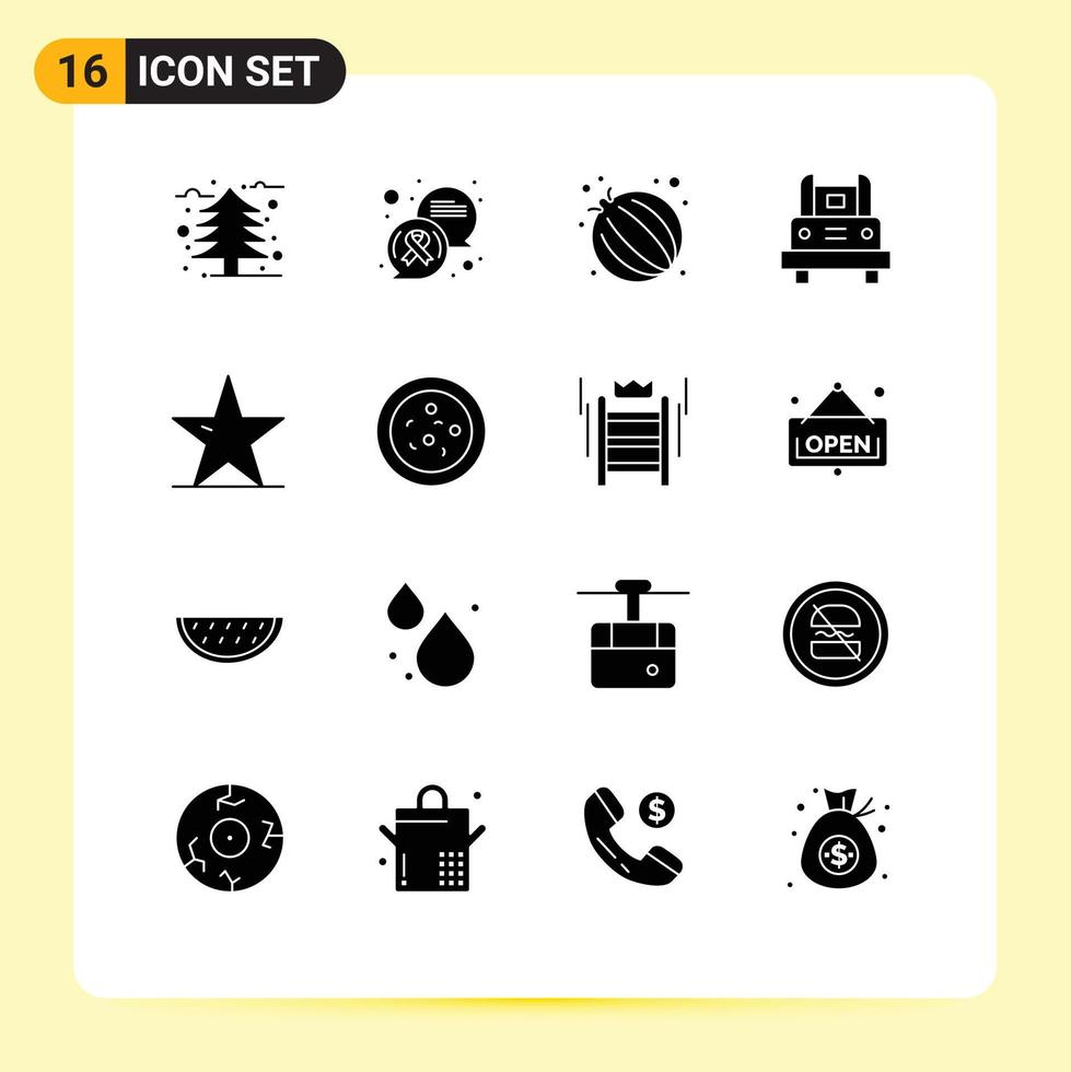 Group of 16 Solid Glyphs Signs and Symbols for leaf travel food transportation school bus Editable Vector Design Elements