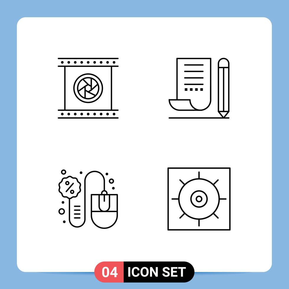 Set of 4 Modern UI Icons Symbols Signs for camera lenses scratch pad photographic objective note pad computer Editable Vector Design Elements