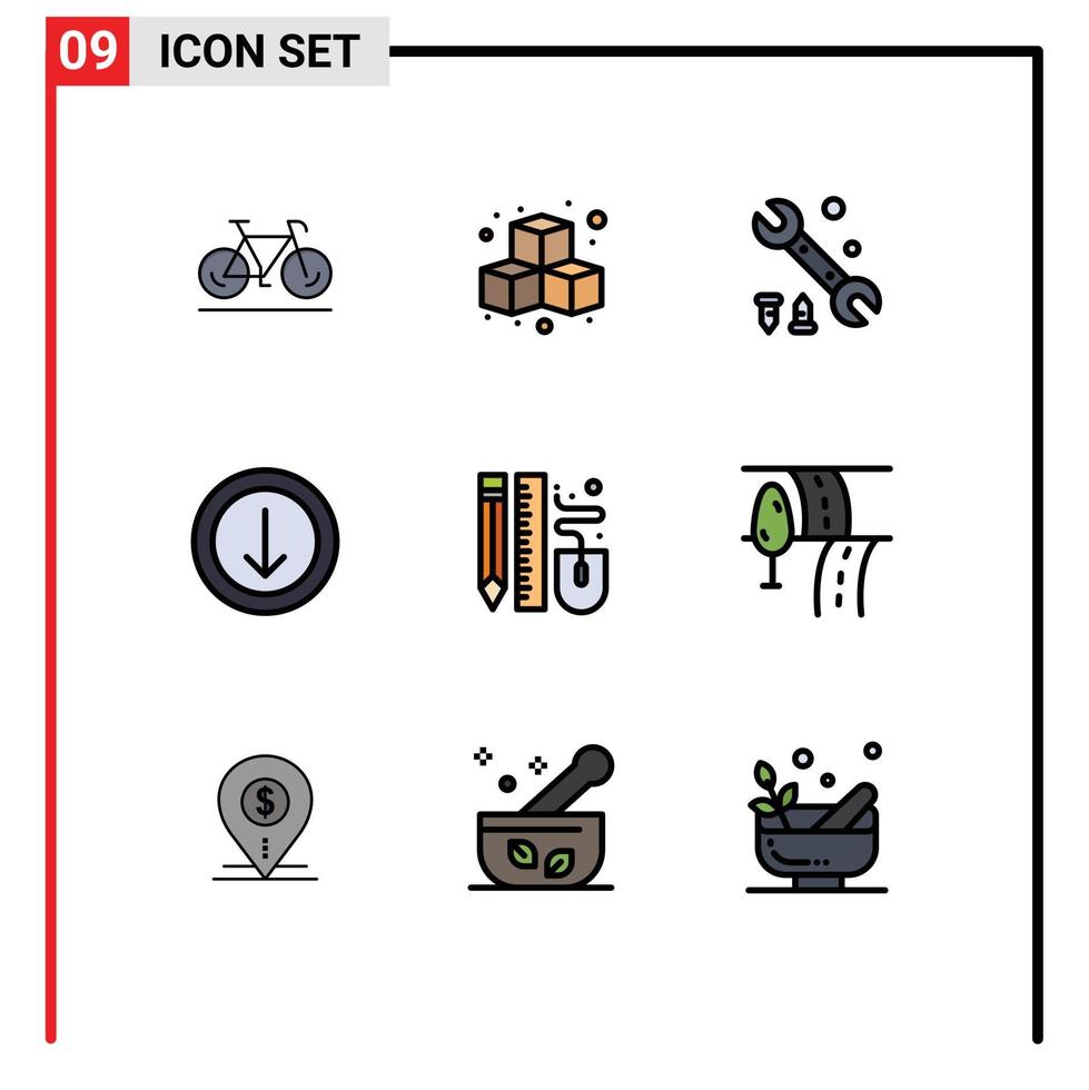 Pictogram Set of 9 Simple Filledline Flat Colors of pencil mouse wrench drawing down Editable Vector Design Elements