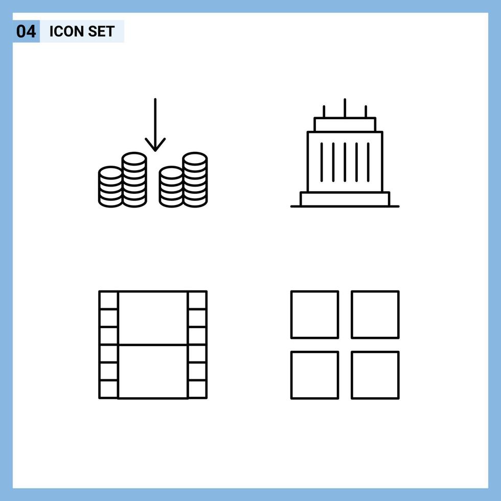 conjunto moderno de 4 colores planos y símbolos de línea de llenado, como elementos de diseño vectorial editables de cuadrícula de propiedades de edificios de tiras de efectivo vector