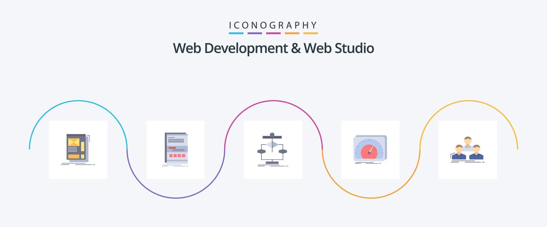 Web Development And Web Studio Flat 5 Icon Pack Including speed. dashboard. page. flow. data vector