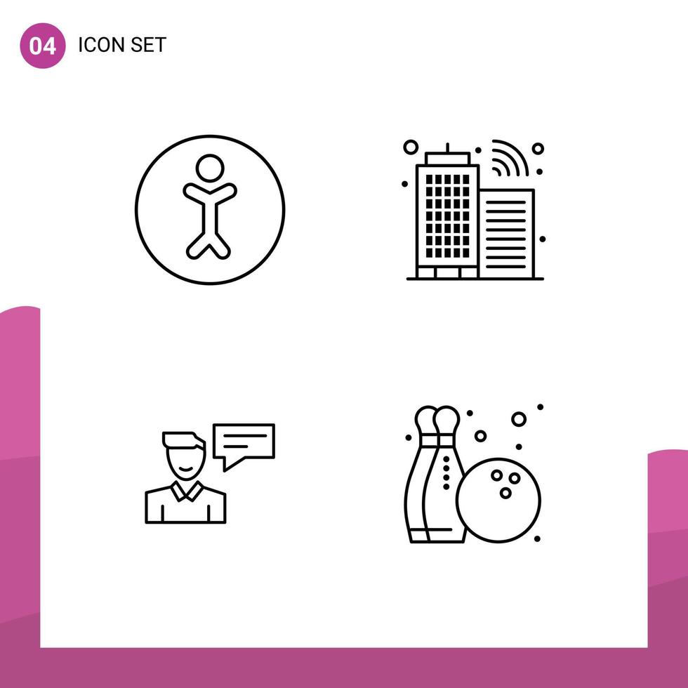 Modern Set of 4 Filledline Flat Colors Pictograph of accessibility man building chat bowling Editable Vector Design Elements