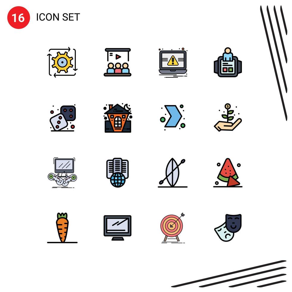 conjunto de 16 líneas rellenas de color plano vectorial en cuadrícula para notificación de reloj de mano de equipo de hombre de tecnología elementos de diseño de vector creativo editable