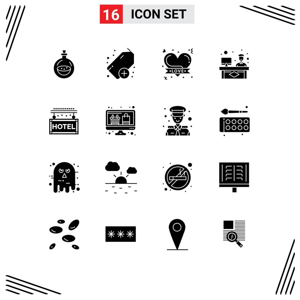 Set of 16 Vector Solid Glyphs on Grid for travel hotel hearts working consulting Editable Vector Design Elements