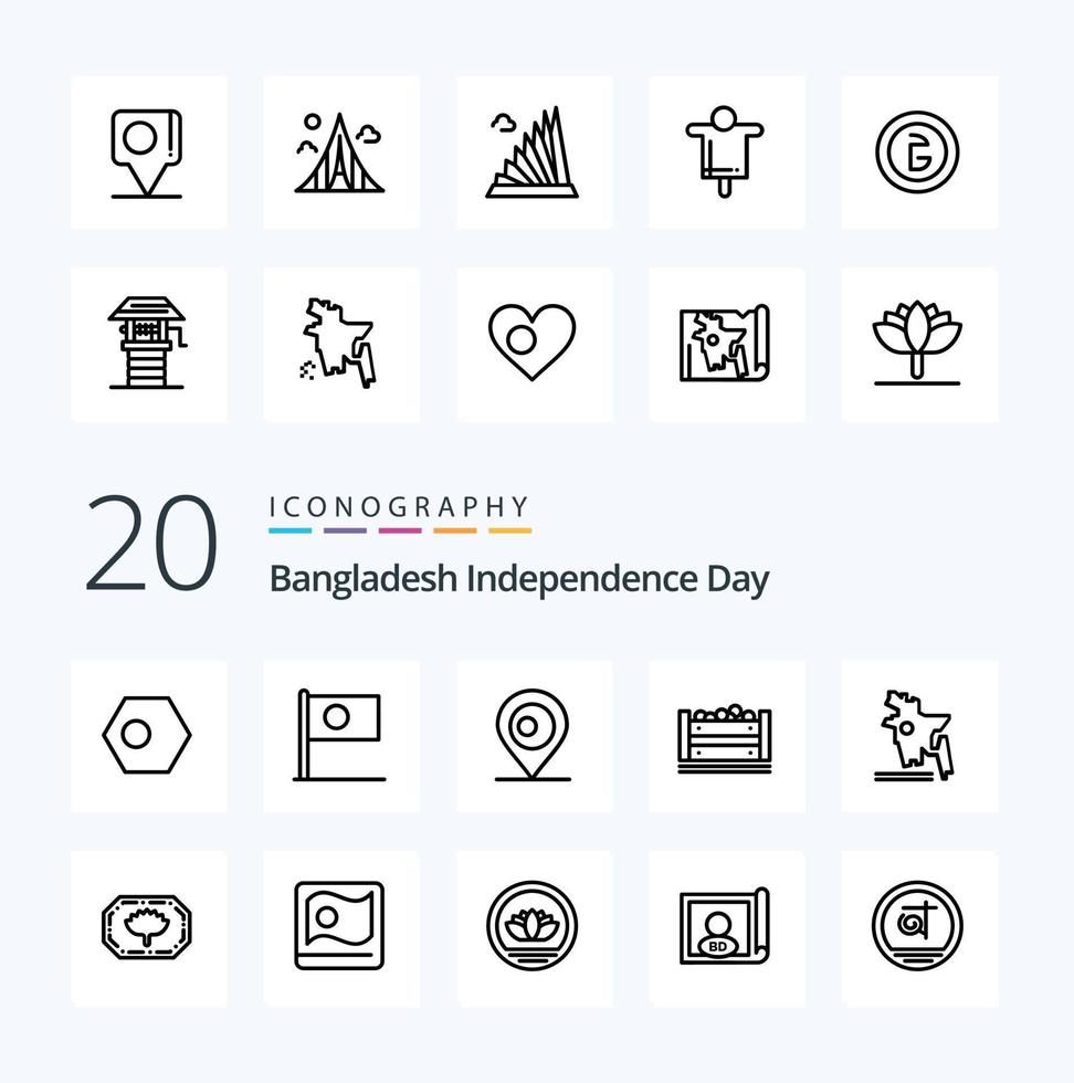 20 paquete de iconos de línea del día de la independencia de bangladesh como bangla etiqueta de bangladesh mapa de bangladesh bangladesh vector