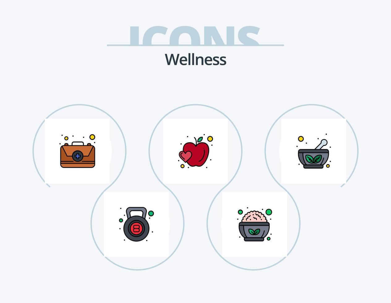 paquete de iconos lleno de línea de bienestar 5 diseño de iconos. cuenco de hierbas. cuenco. corazón. salud. gimnasia vector