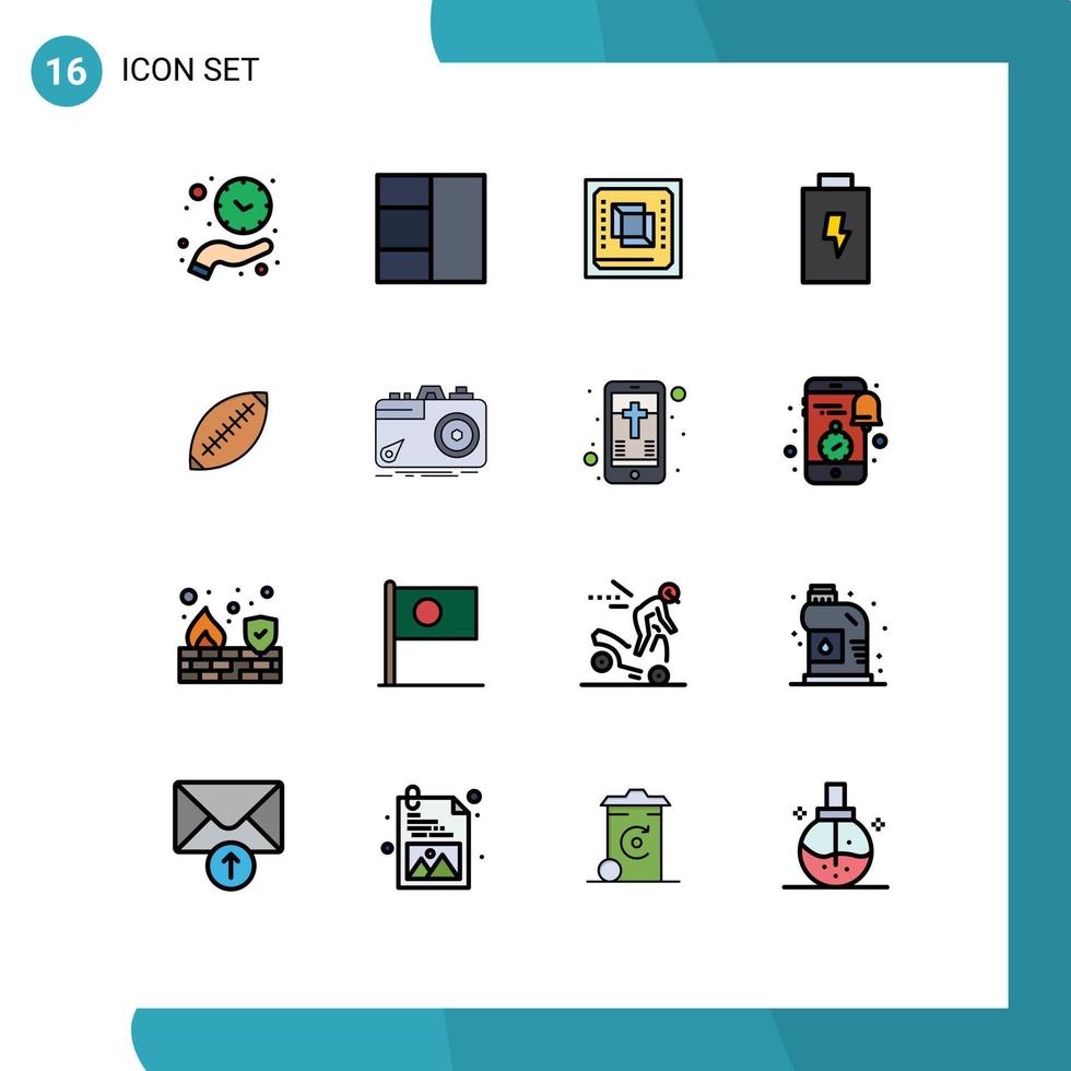 16 Thematic Vector Flat Color Filled Lines and Editable Symbols of football afl computer electric battery Editable Creative Vector Design Elements