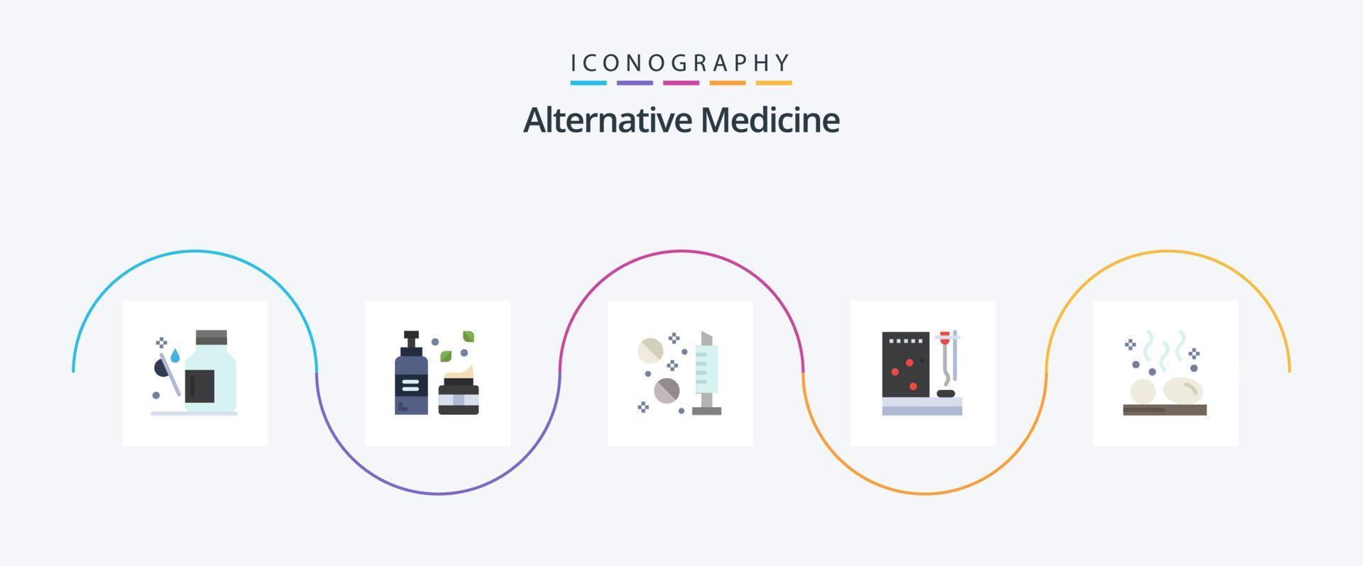 paquete de iconos planos de medicina alternativa 5 que incluye tratamiento. medicamento. protección de la piel. hospital. jeringuilla vector