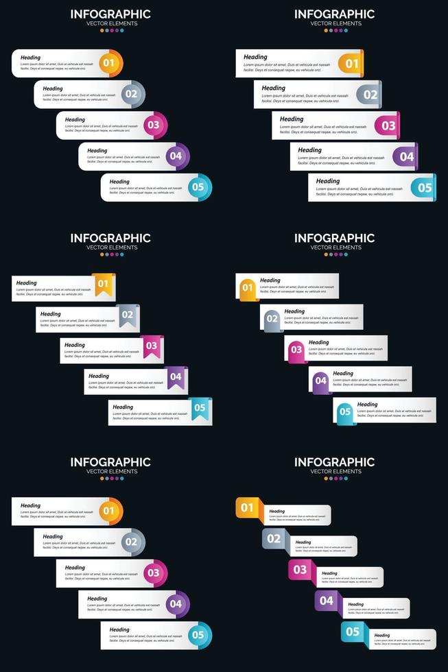 plantilla de diapositiva de presentación del paquete de infografías vectoriales 6 diagramas de ciclo de 5 pasos y líneas de tiempo vector