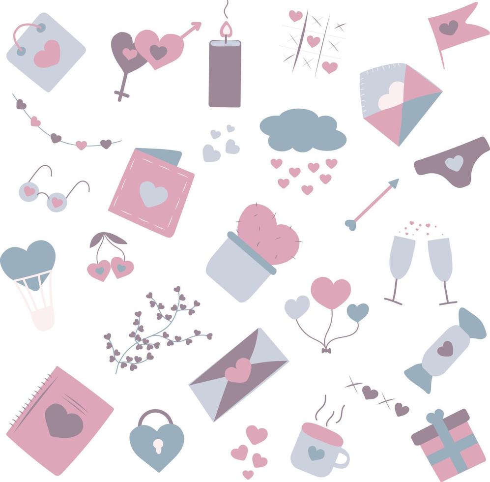 Set of cute hand drawn elements about love. Design elements isolated on white. Happy Valentine's Day background vector