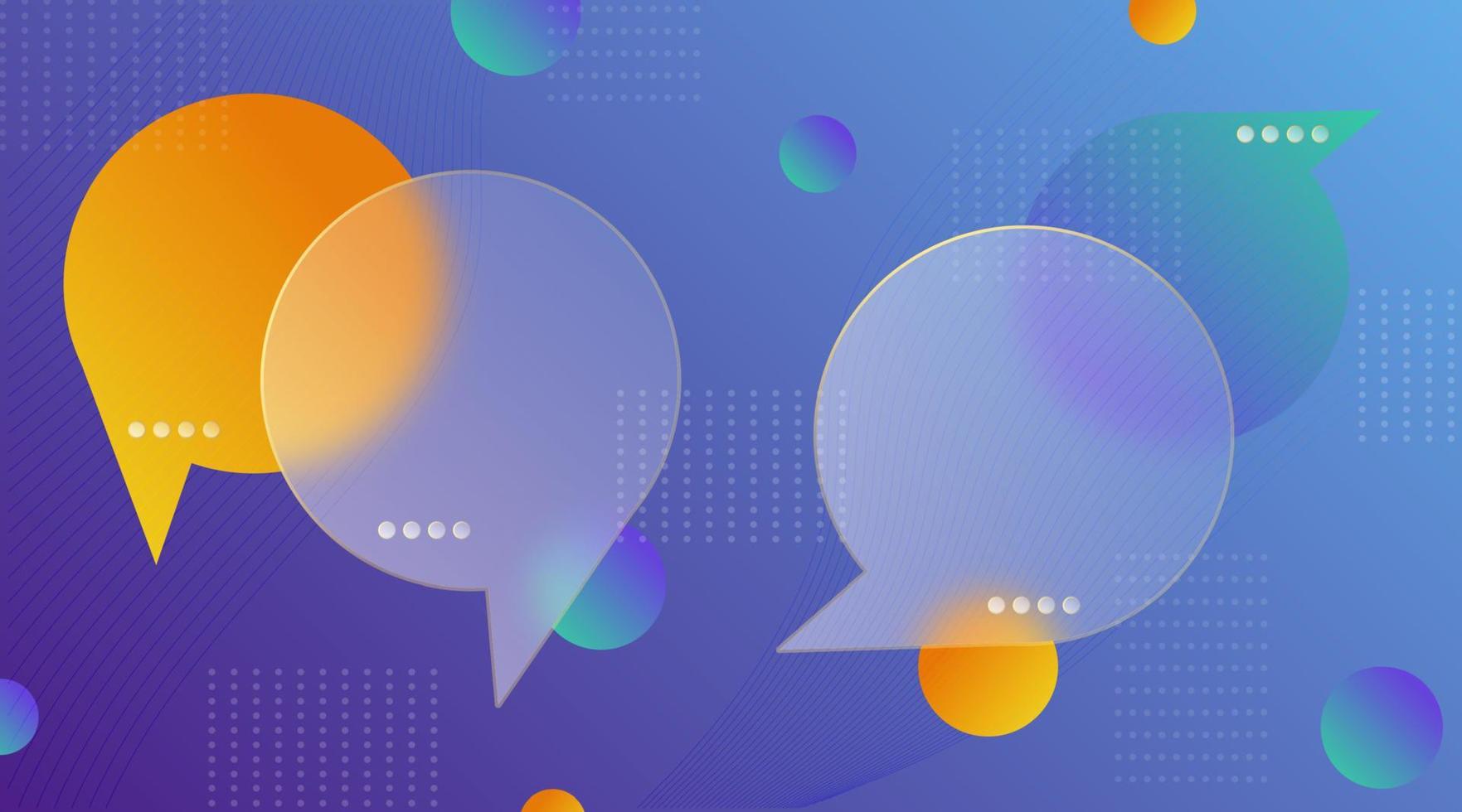Chat dialog boxes in glass morphism effect style. Transparent frosted acrylic speech bubble on color gradient circles Realistic glassmorphism matte plexiglass message shapes. Vector