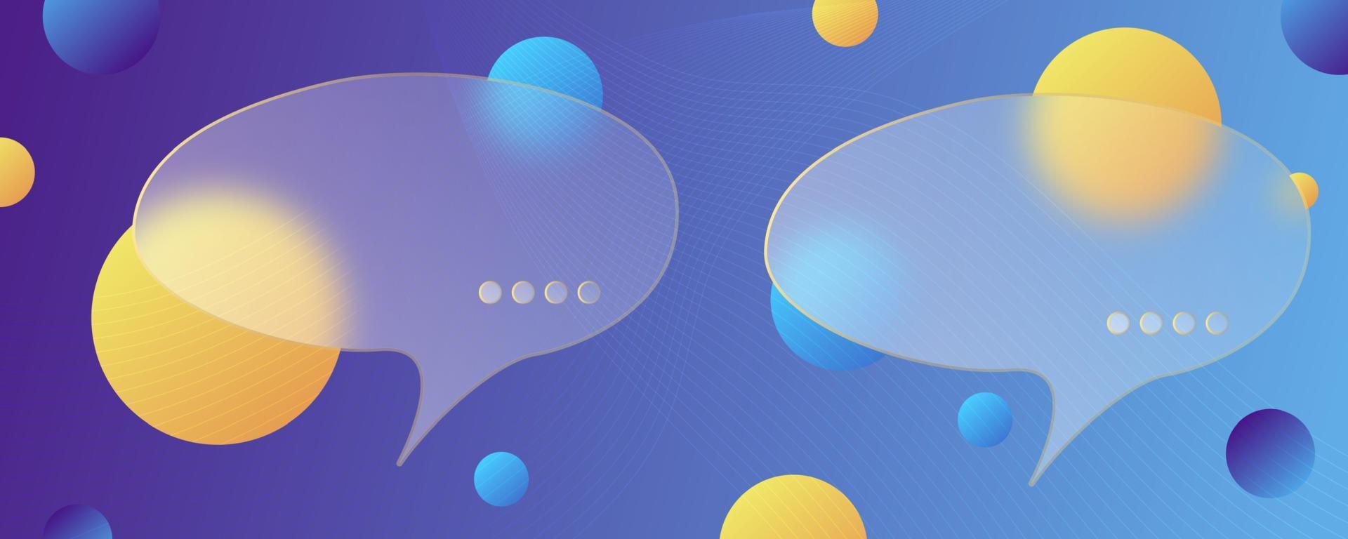 Chat dialog boxes in glass morphism effect style. Transparent frosted acrylic speech bubble on color gradient circles Realistic glassmorphism matte plexiglass message shapes. Vector