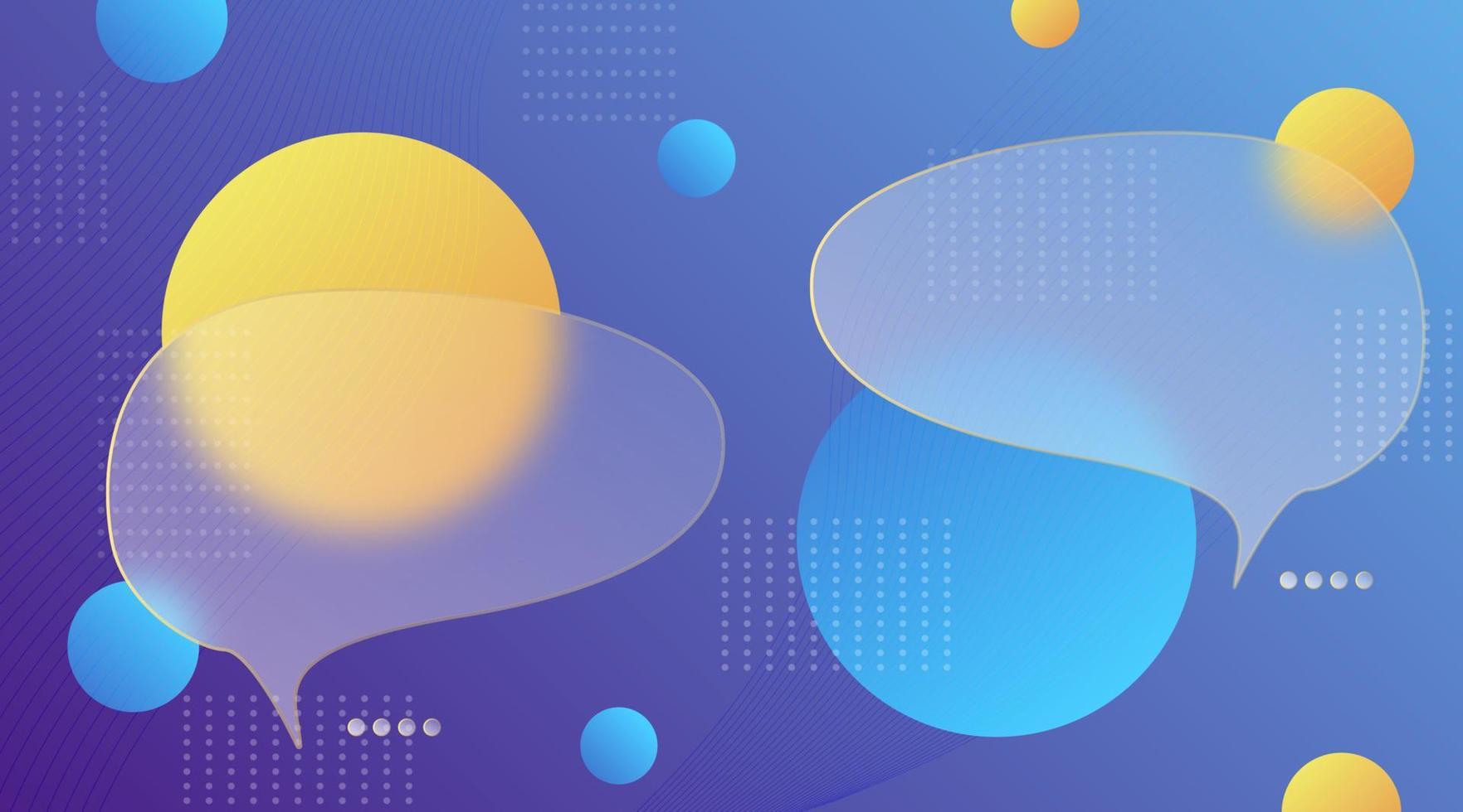 Chat dialog boxes in glass morphism effect style. Transparent frosted acrylic speech bubble on color gradient circles Realistic glassmorphism matte plexiglass message shapes. Vector