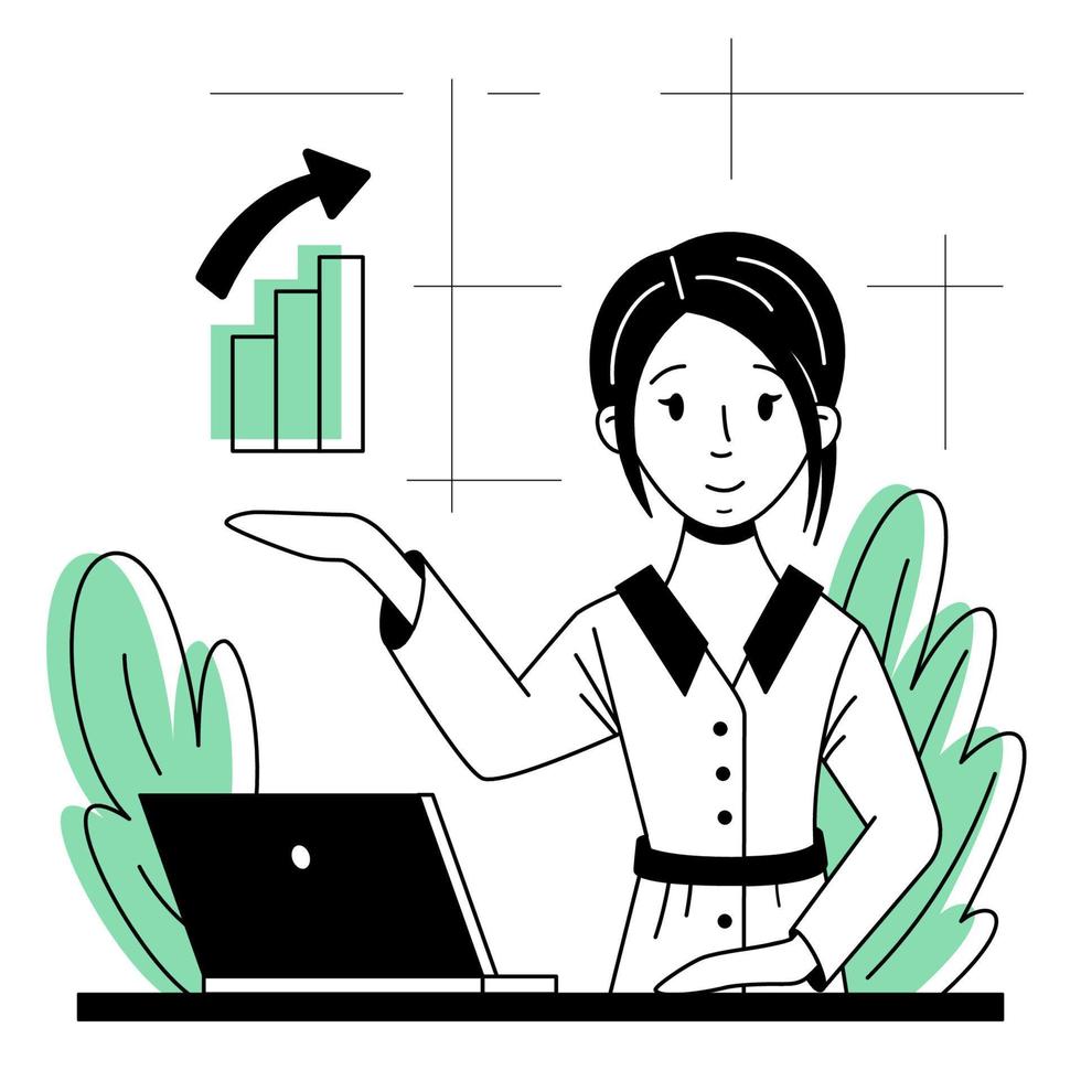 ilustración vectorial en un estilo plano, un personaje, un economista que muestra un gráfico de crecimiento en una mesa con una laptop. vector